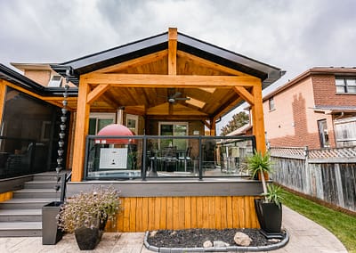 Backyard patio and pool area landscape design renovation by Tumber and Associates in Orangeville