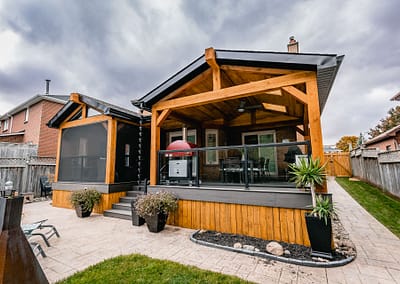 Backyard patio and pool area landscape design renovation by Tumber and Associates in Orangeville