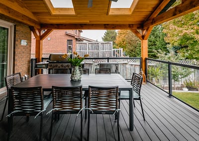 Backyard patio and pool area landscape design renovation by Tumber and Associates in Orangeville